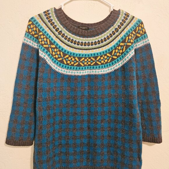 Talbots Womens Fair Isle Wool Blend 3/4 Sleeves Crew Sweater Medium Petite Blue - Picture 2 of 8